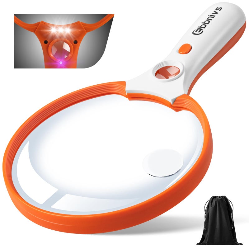 Large Magnifying Glass with Light Magnifier 10X 20X 45X Handheld Illuminated Lighted Magnifier with 3 LED Lights 1UV Light Storage Bag Clean Cloth for Seniors Reading Inspection Orange